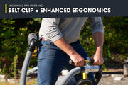 Person using a Mighty Vac Pro Paver Vac with a belt clip for enhanced ergonomics, outdoors.